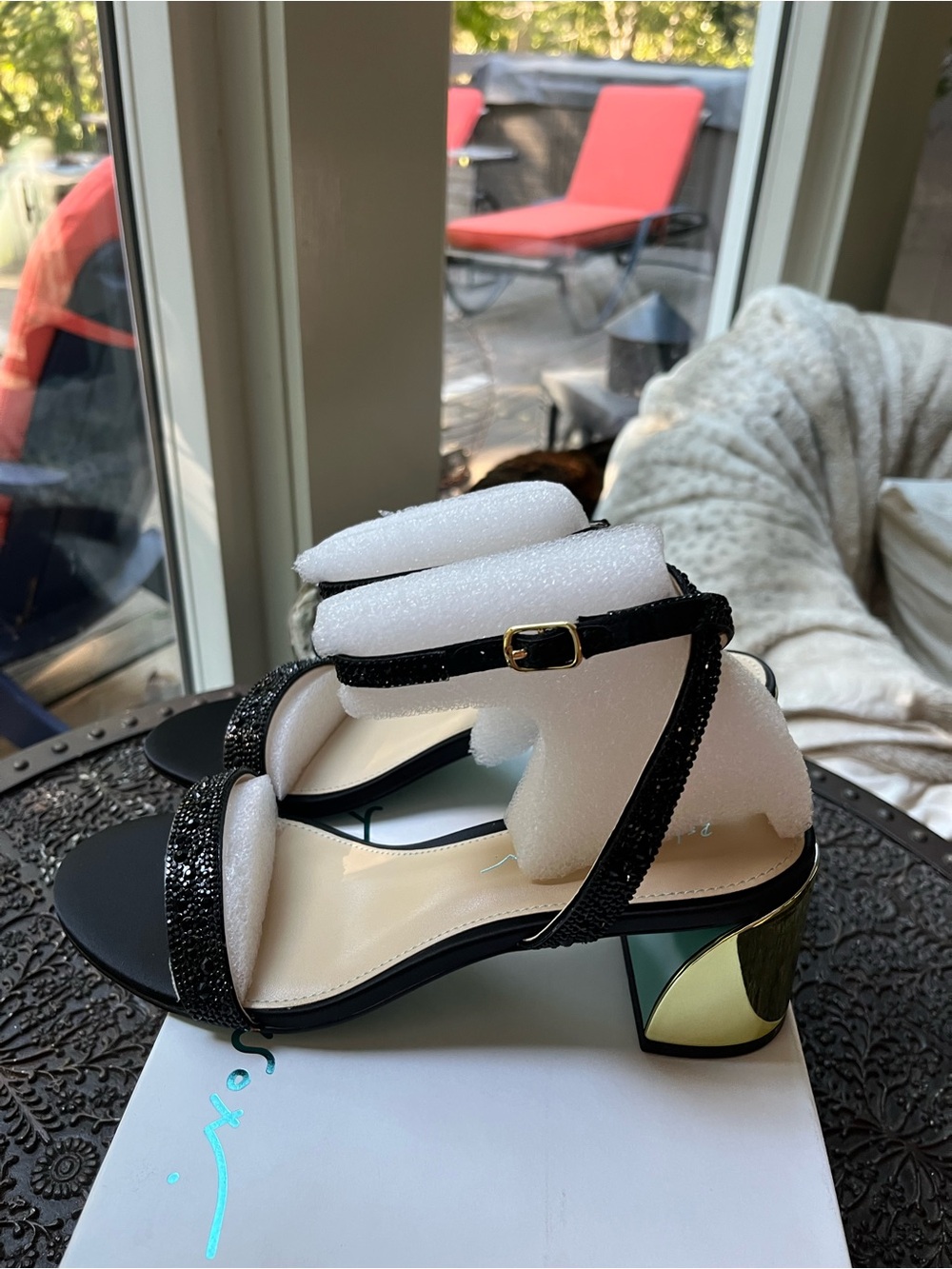 BETSEY JOHNSON JEAN RHINESTONE DRESS HEEL SANDALS BLACK 7.5